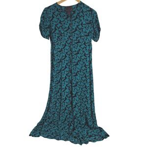 April Cornell Vintage Black Teal Floral Rayon Button Front Maxi Dress S